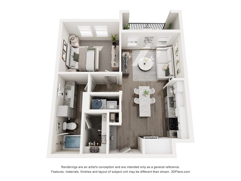 Floor plan for 1 bed, 1 bath, 646 sqft